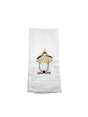 Vintage 90s Peking Handicraft Penguin Embroidered Guest Towel White Cotton Poly